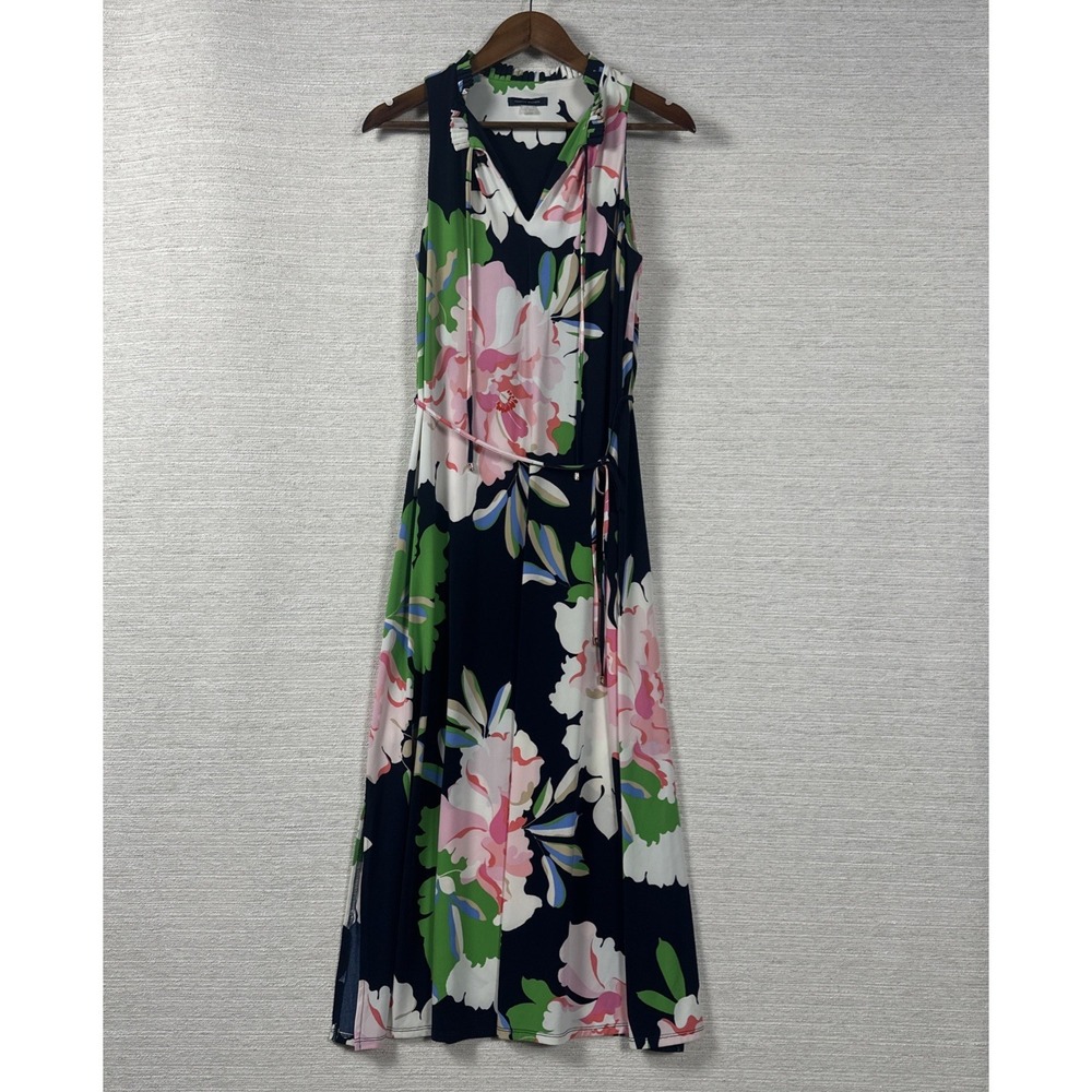 Tommy Hilfiger Floral Maxi Dress Size 4 Sleeveless Halter Navy Pink Tie Waist